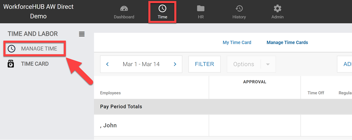 Manage Time link on the Time tab